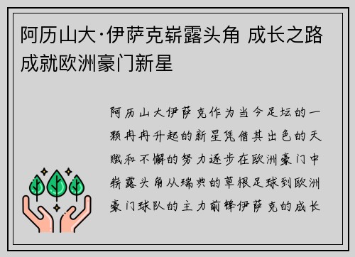 阿历山大·伊萨克崭露头角 成长之路成就欧洲豪门新星